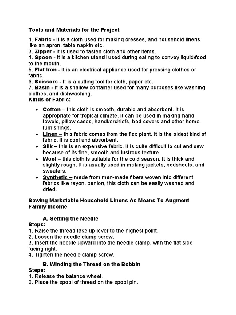 Sewing Tools and Materials for Creating Marketable Household Linens