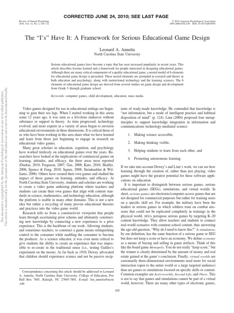 Annetta 2010 the i s have it a framework for serious educational