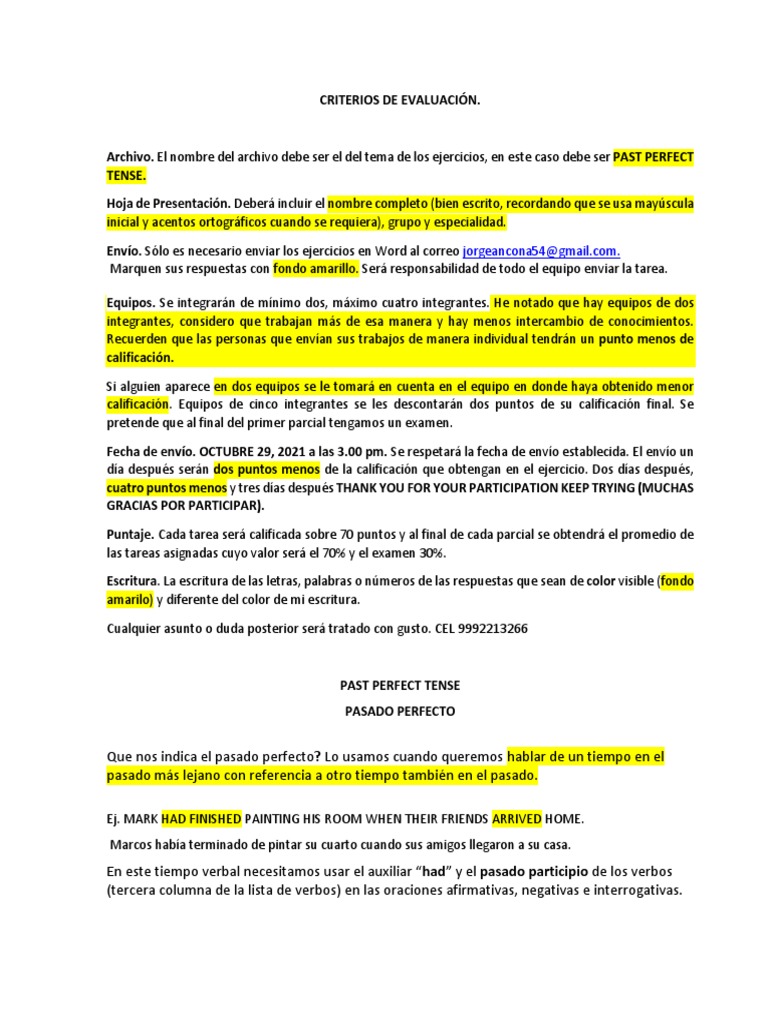 Evaluación del Pasado Perfecto en Inglés | PDF | Verbo | Ciencia cognitiva