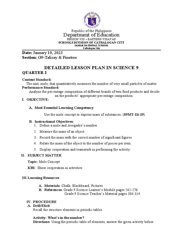 Grade 9 Mole Concept Lesson Plan | PDF | Mole (Unit) | Molecules