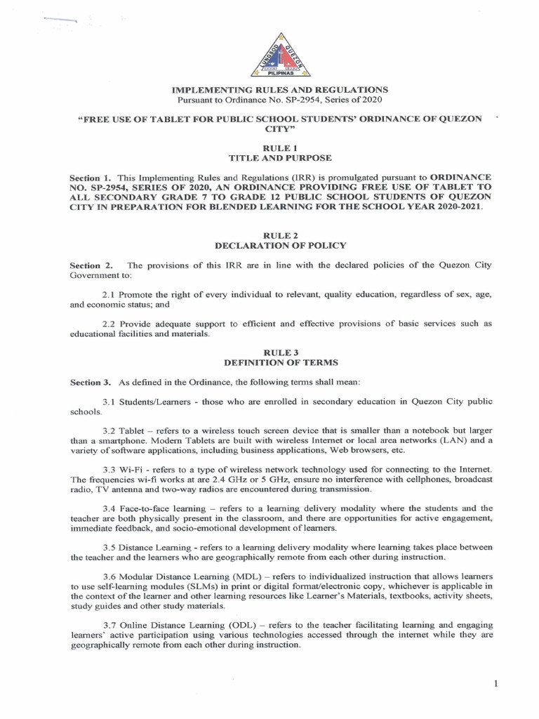 Tablet IRR SP 2954 S. 2020 Implementing Rules and Regulations | PDF