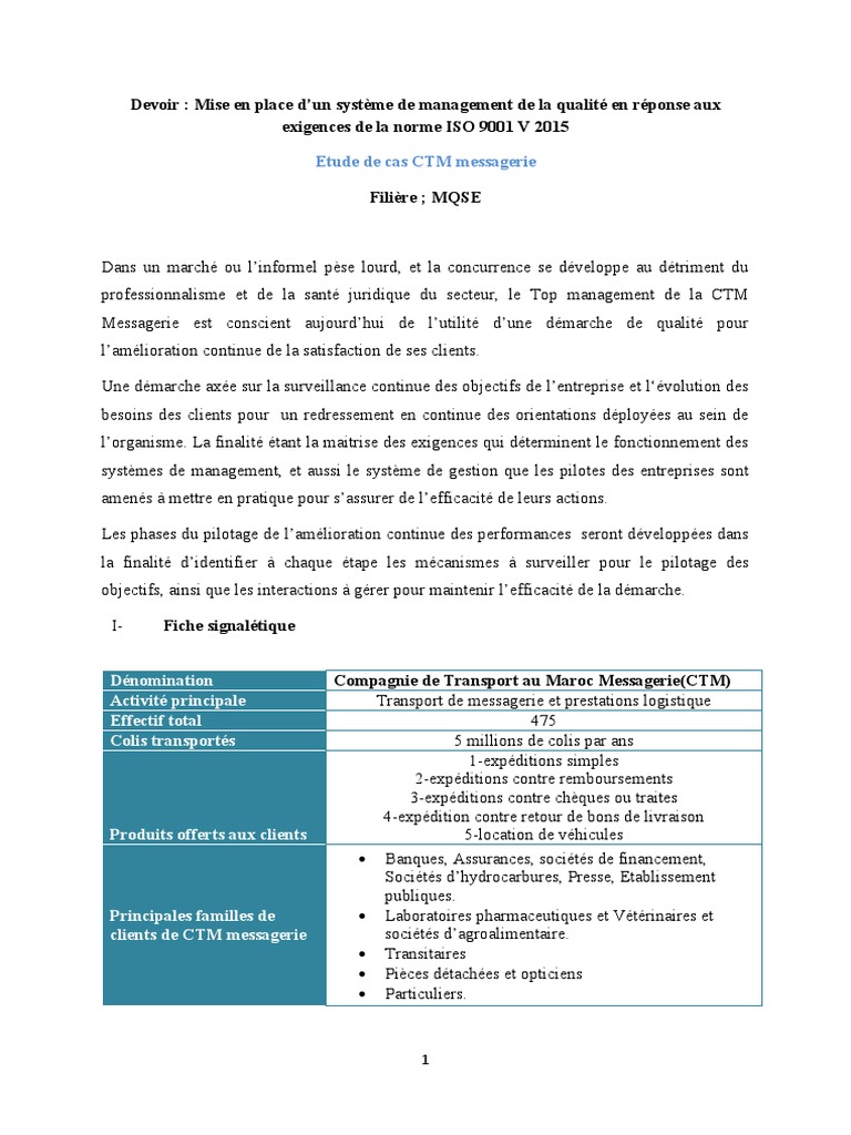 Système de qualité pour CTM Messagerie | PDF | Système de management de ...