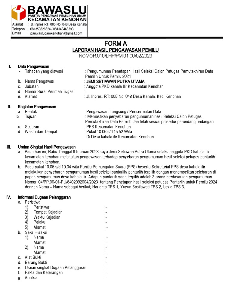 Laporan Pengawasan Pemilu Form A 2023 | PDF