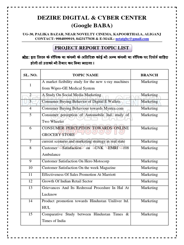 Project Report Topics in Marketing | PDF | Marketing | Consumer Behaviour