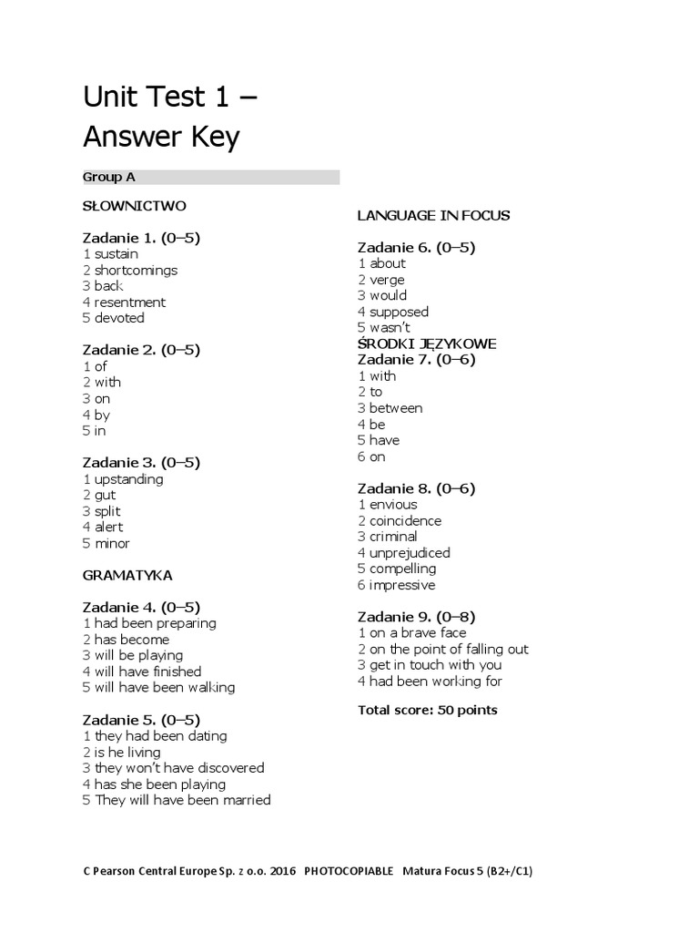 Focus 5 Unit 1 Test Answer Key | PDF