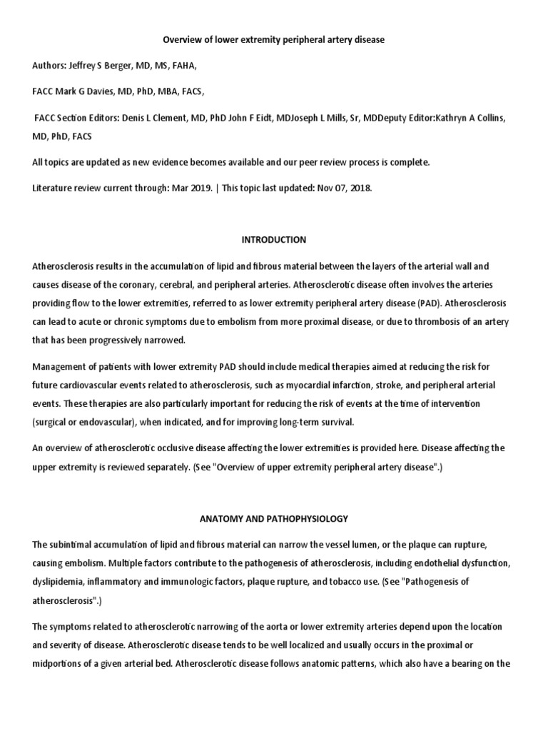 Overview of Lower Extremity Peripheral Artery Disease | PDF | Ischemia ...