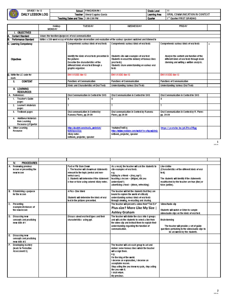 Week 4 Oral Communication DLL | PDF | Communication | Learning