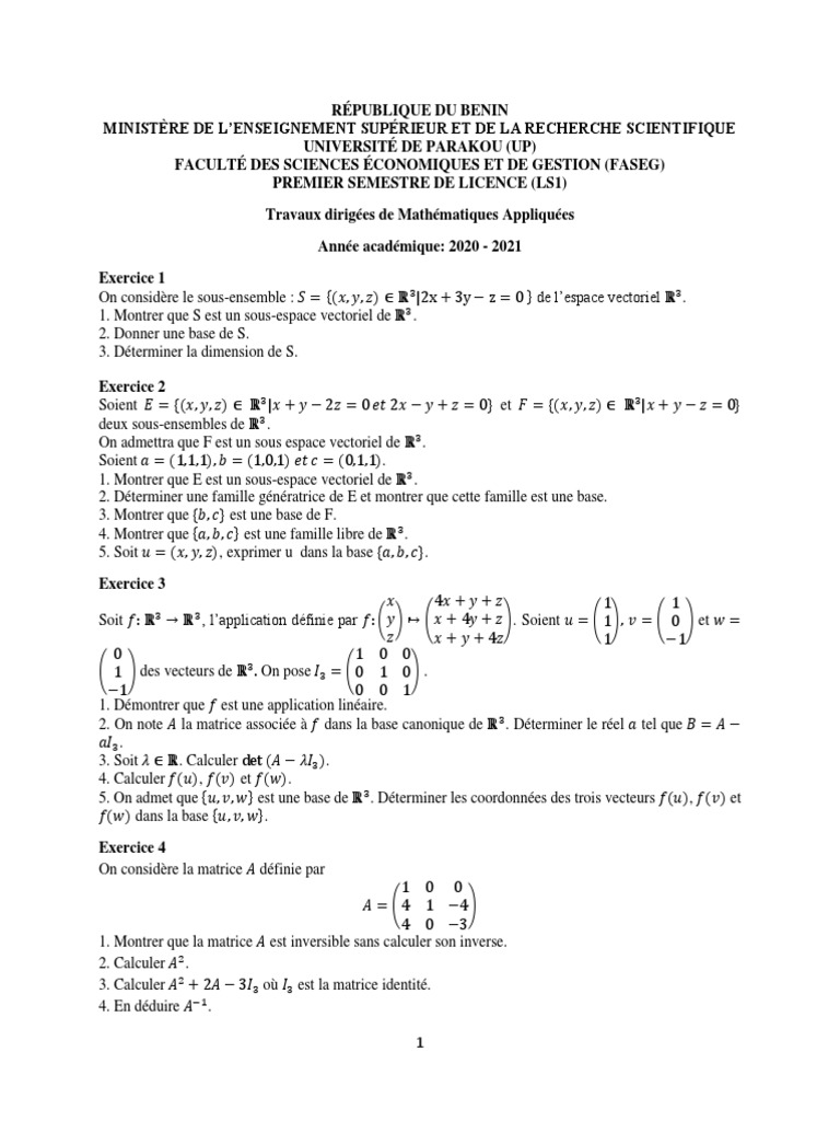 Exercices de Mathématiques Appliquées L1 | PDF | Base (algèbre linéaire ...