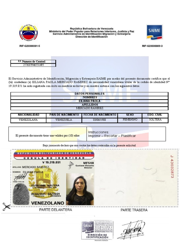 Cedula de Identidad de Eiliana Paola | PDF