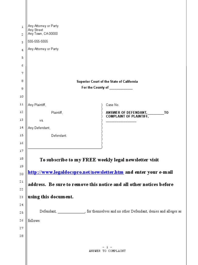 Sample Answer for California Credit Card Litigation Cause Of Action