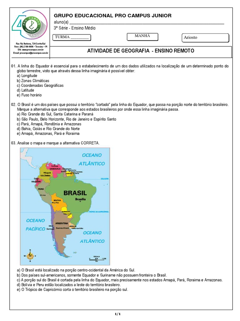 3 Série Ensino Médio Atividade de Geografia Ensino Remoto | PDF ...