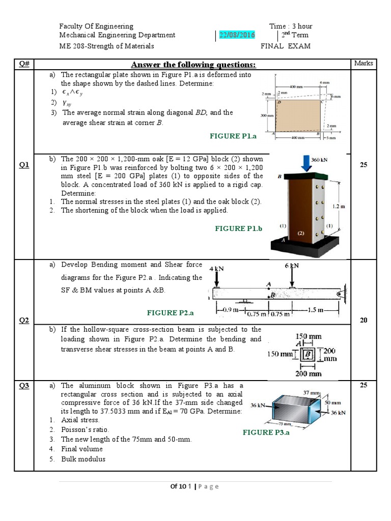 Final Exam: Strength of Materials | PDF | Stress (Mechanics) | Beam ...