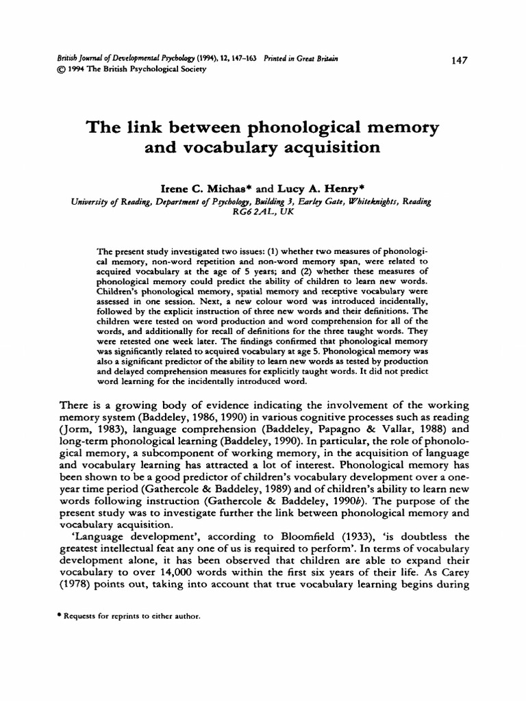 Phonological Memory and Vocabulary Learning | PDF | Memory | Vocabulary