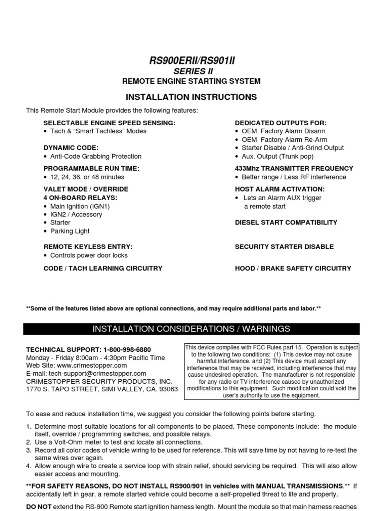 RS900ERII Remote Start Install Guide | PDF | Switch | Ignition System