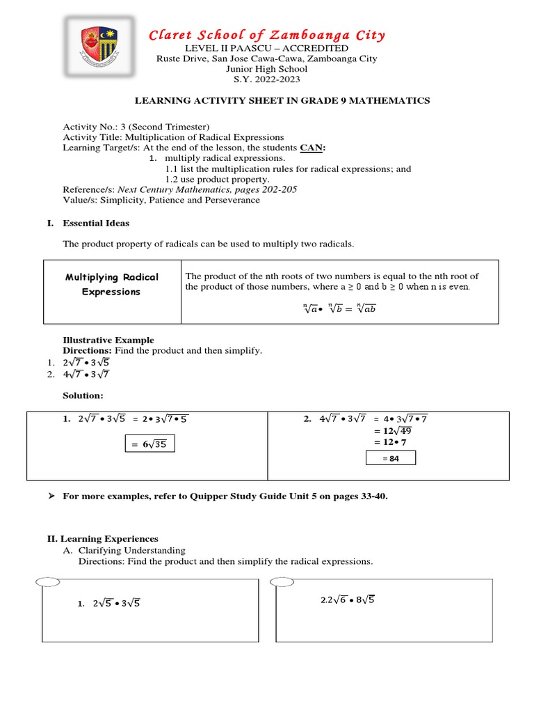 Grade 9 Math: Multiplying Radicals Guide | PDF