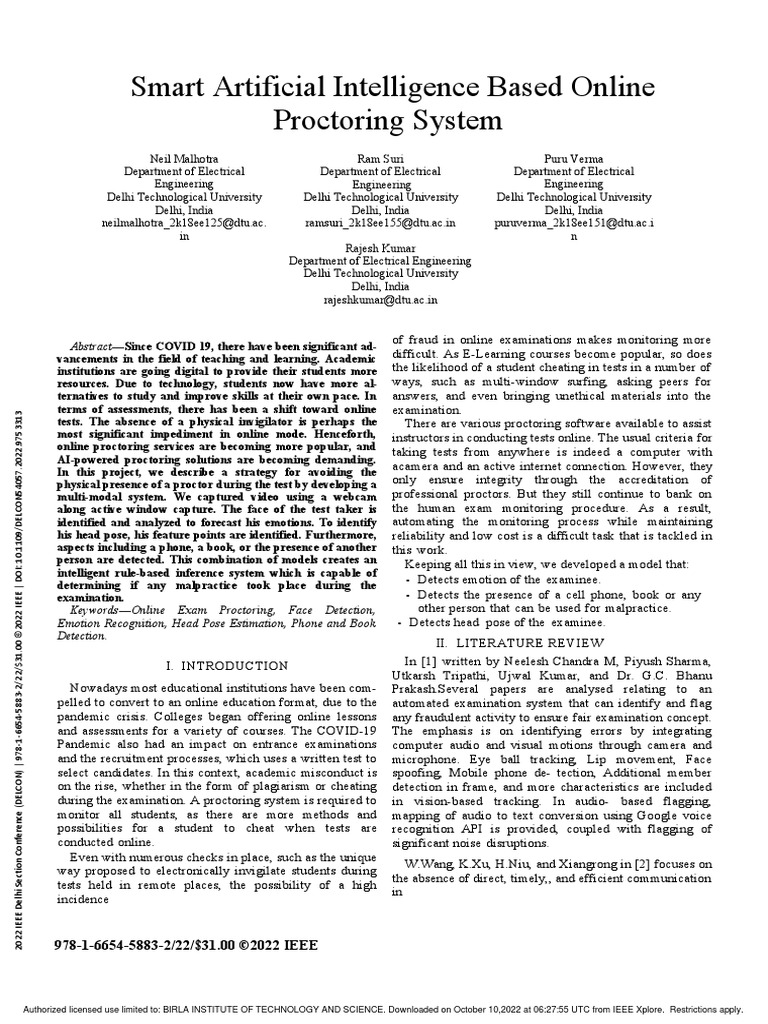 Smart Artificial Intelligence Based Online Proctoring System | PDF ...