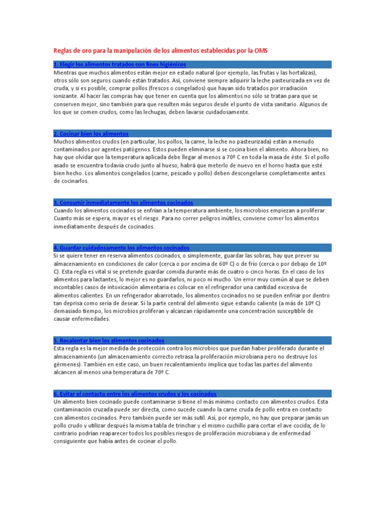 Reglas de Oro para La Manipulación de Los Alimentos Establecidas Por La ...