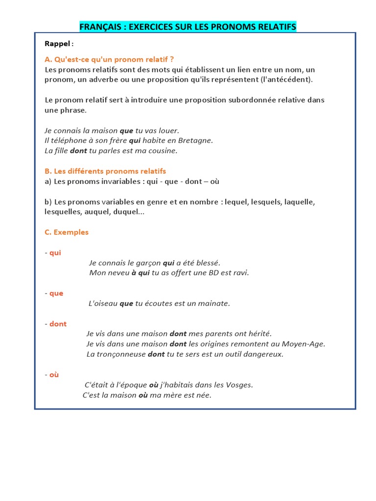 Exercices sur les pronoms relatifs | PDF | Pronom | Clause