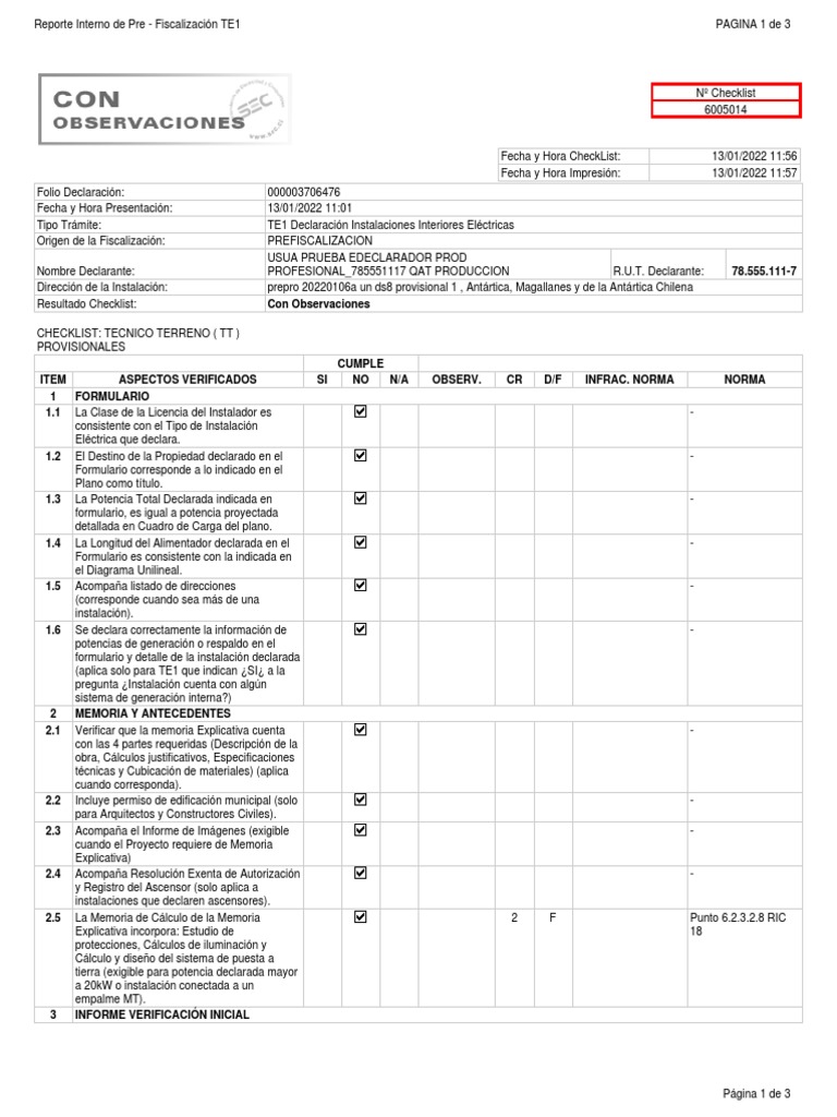 Checklist TT Provisional | PDF | Poder (Física) | Componentes eléctricos
