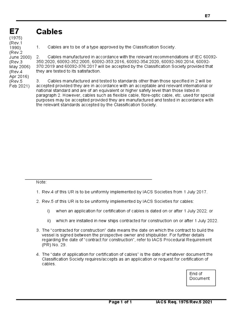 IACS Requirements for Cable Approval and Standards PDF