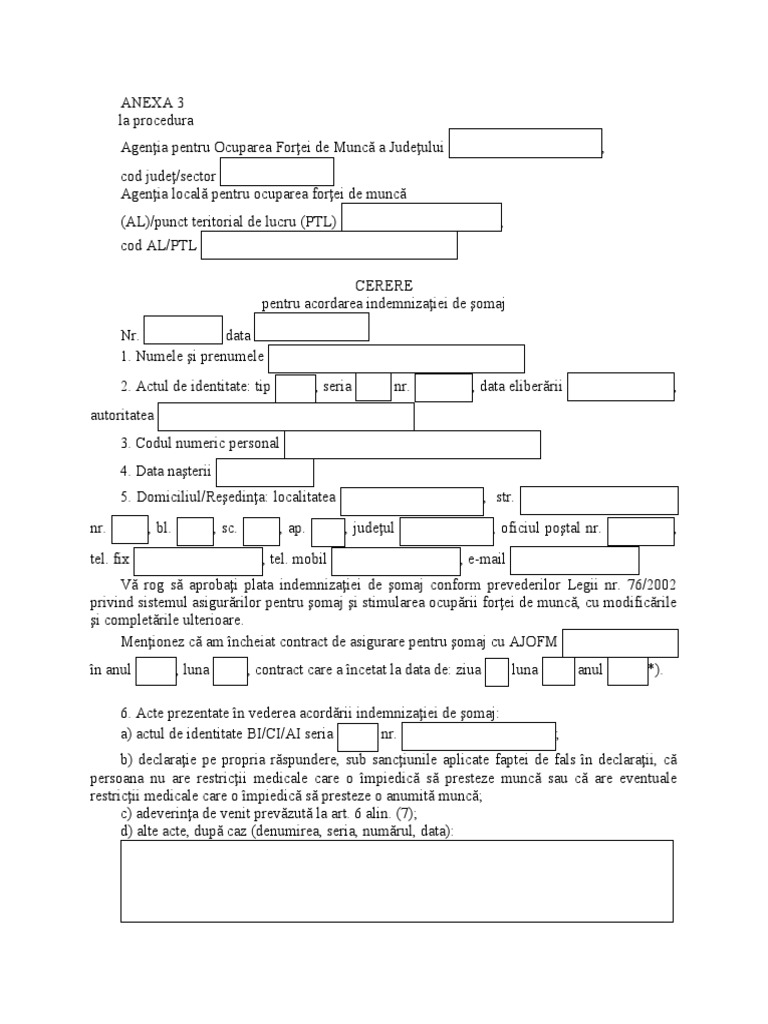 ANEXA 3 - Cerere Acordare Indemnizatie de Somaj EDITABILA | PDF