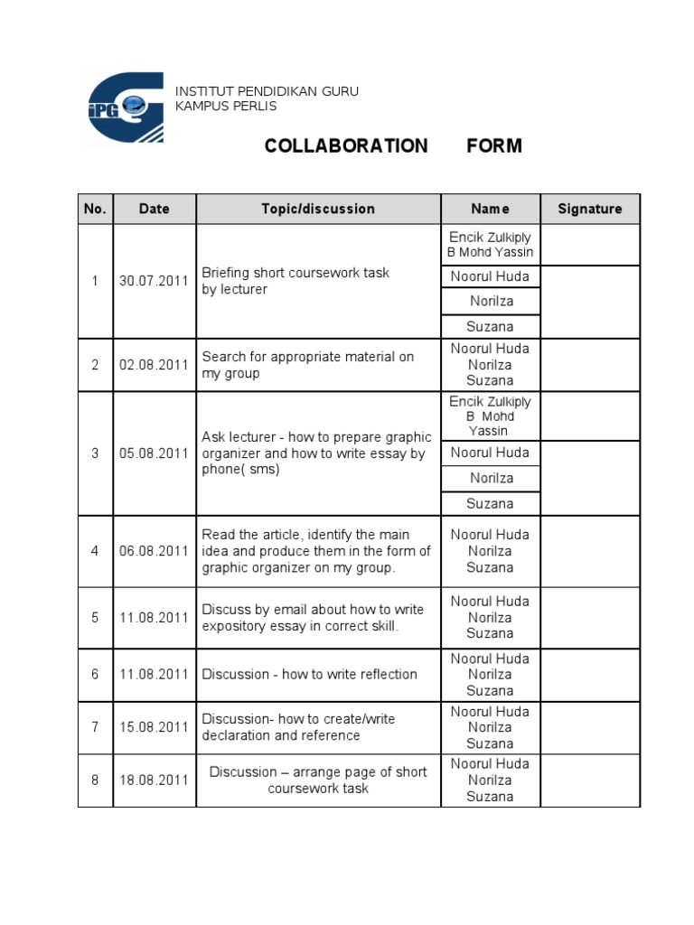 Collaboration Form: No. Date Topic/discussion Name Signature | PDF