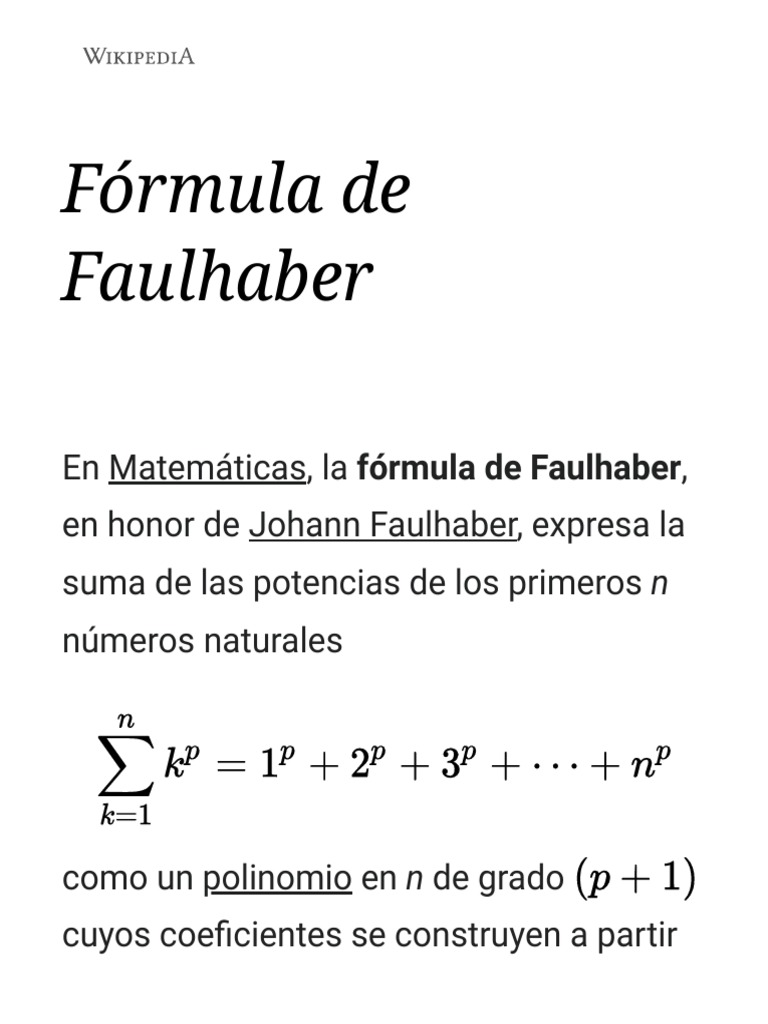 Fórmula de Faulhaber Wikipedia, La Enciclopedia Libre PDF Teoría