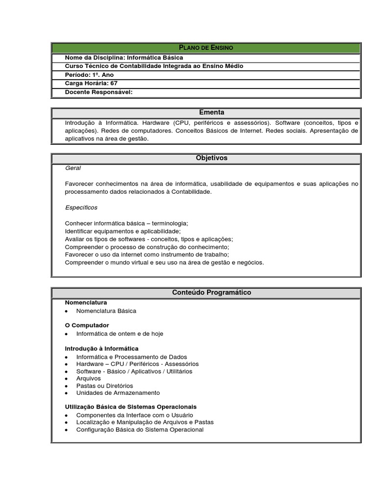 Plano De Ensino Informática Básica 1º Ano Pdf Software De Aplicação