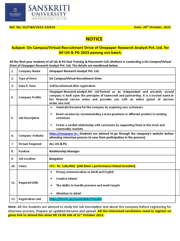 Onepaper Research Analyst Job Drive 2023 | PDF | Communication ...