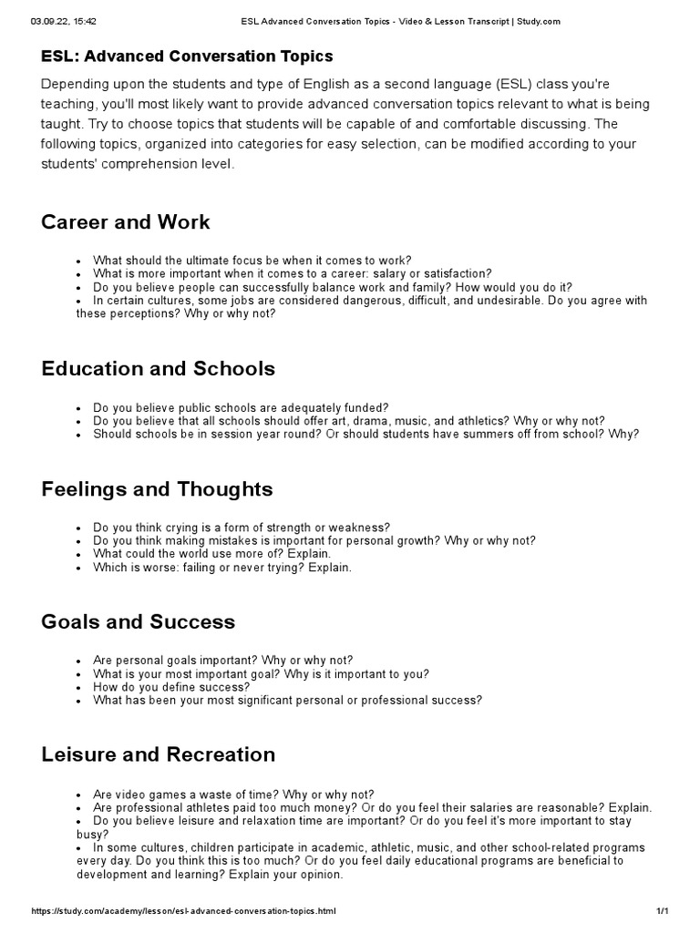 ESL Advanced Conversation Topics | PDF | English As A Second Or Foreign ...