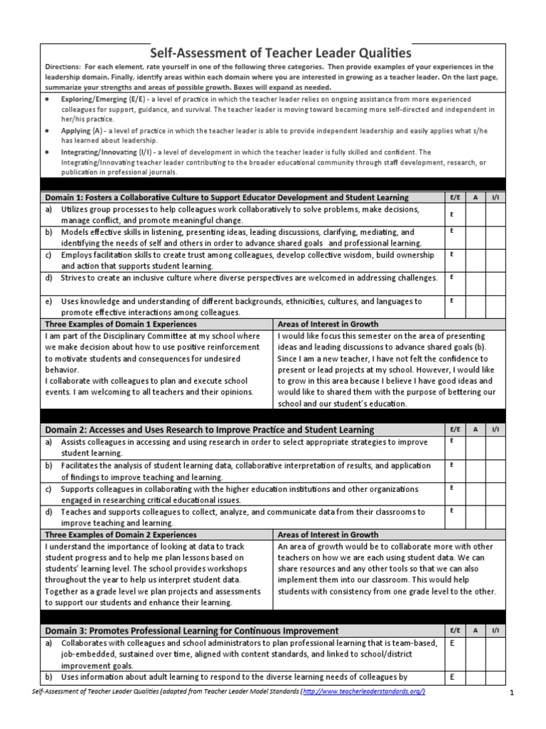 Self-Assessment of Teacher Leader Qualities | PDF | Teachers | Learning