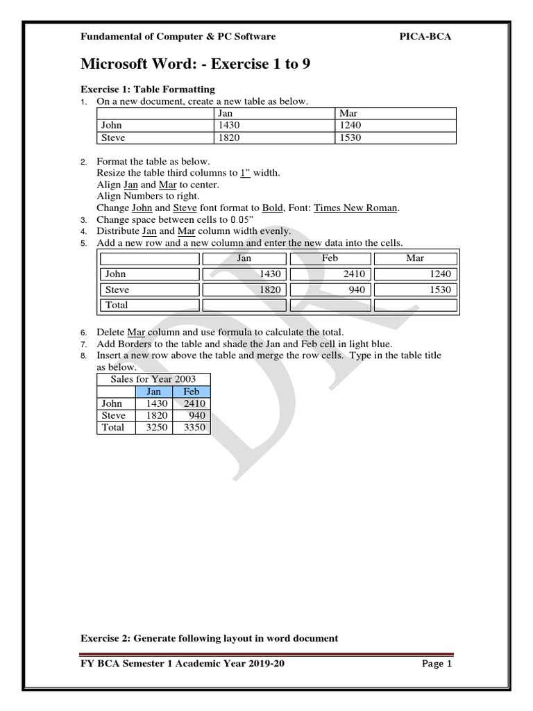 Microsoft Word exercises on tables, formatting, images, and mail merge ...