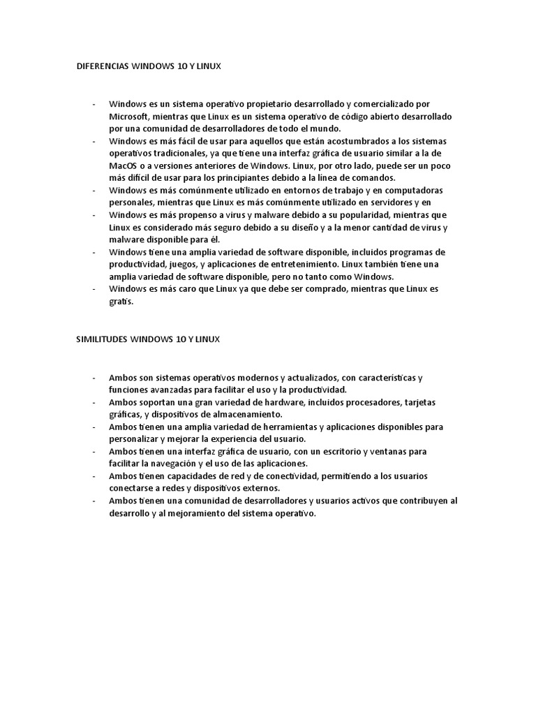 Diferencias entre Windows 10 y Linux | PDF