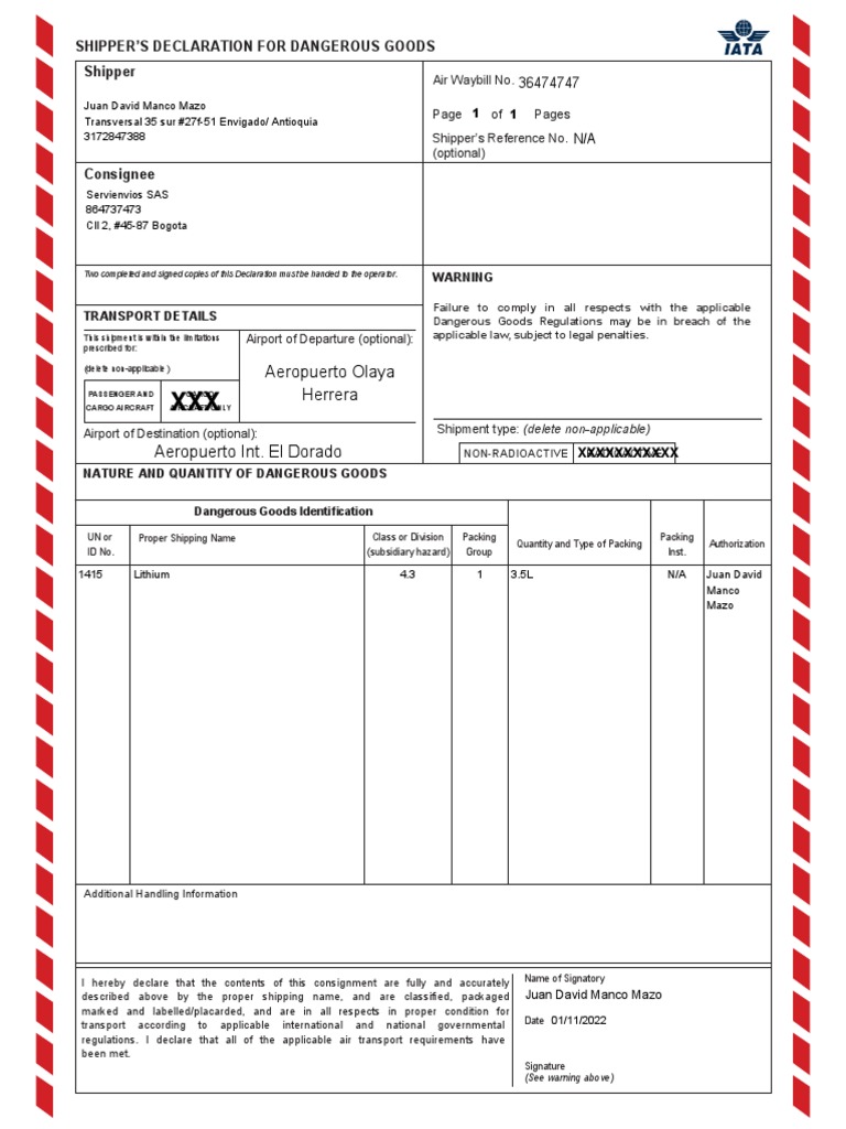 Shipper's Declaration for Dangerous Goods | PDF