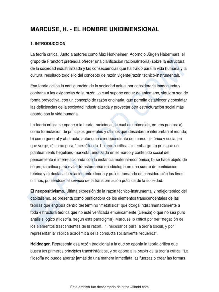 El Hombre Unidimensional Herbert Marcuse (RESUMEN) PDF La teoría crítica Wilhelm