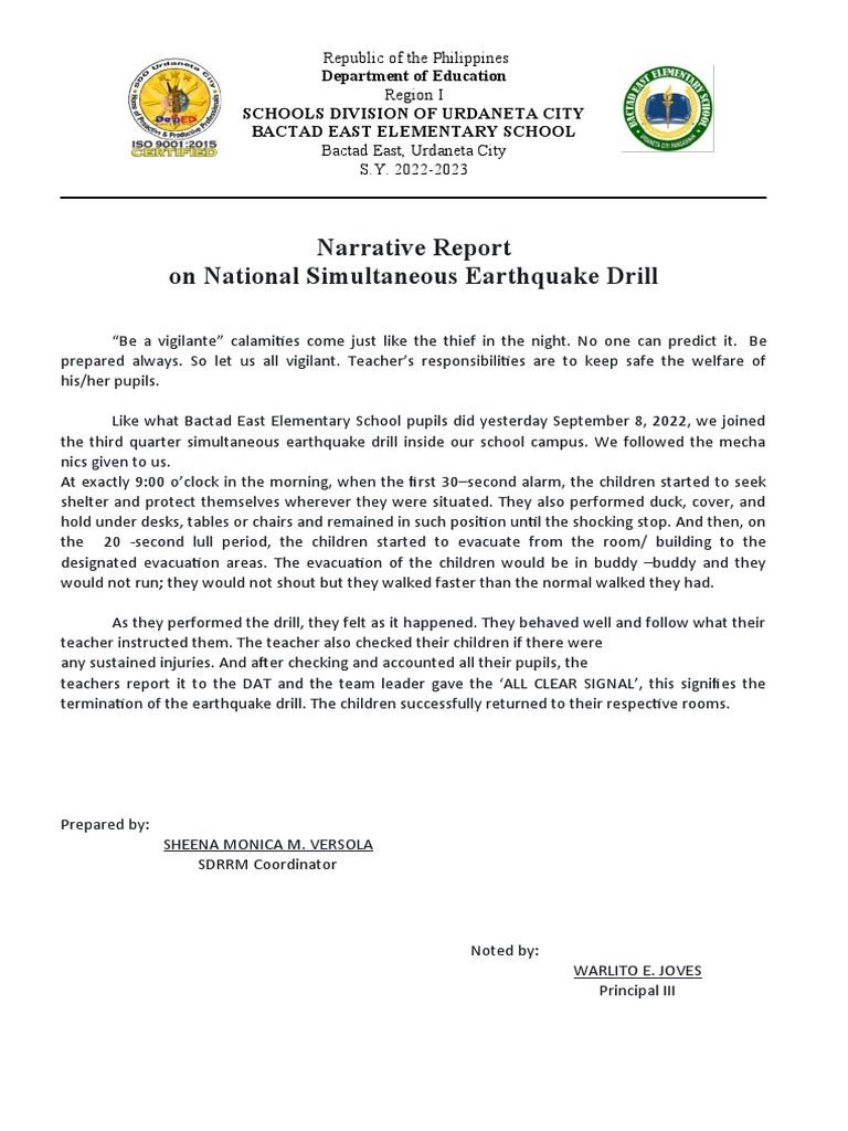 Narrative Report On The Earthquake Drill | PDF | Emergency Management