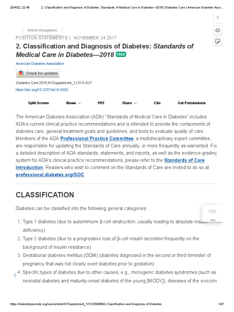 Classification and Diagnosis of Diabetes Standards of Medical Care in