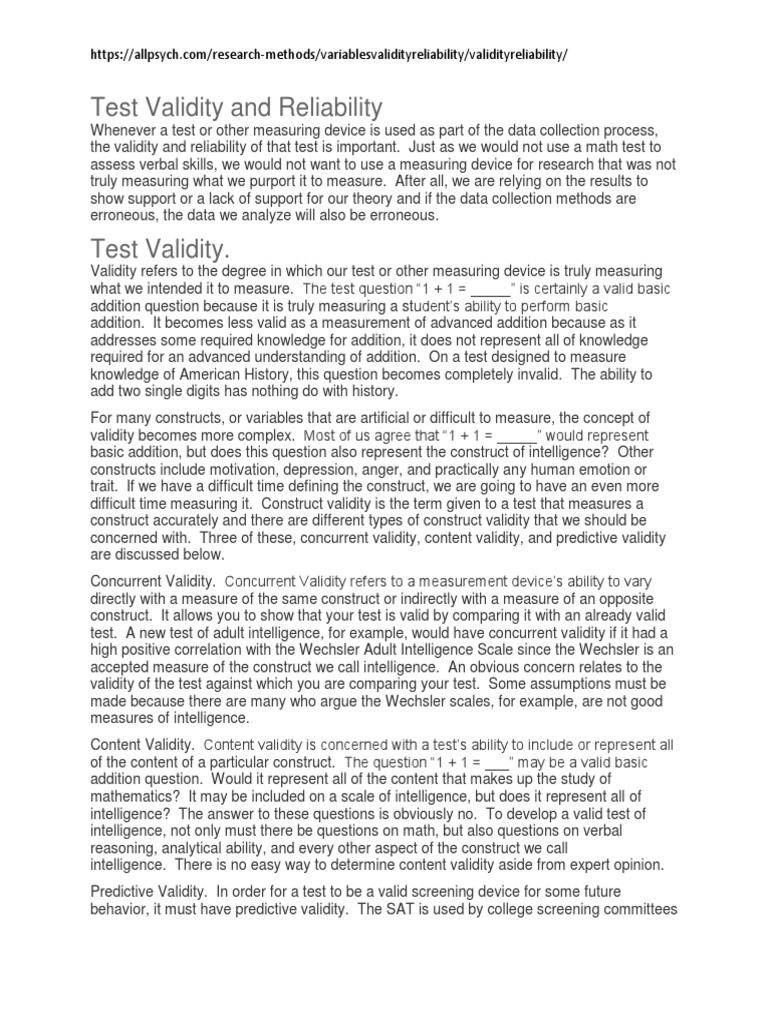 Test Validity and Reliability PDF Validity (Statistics) Sat