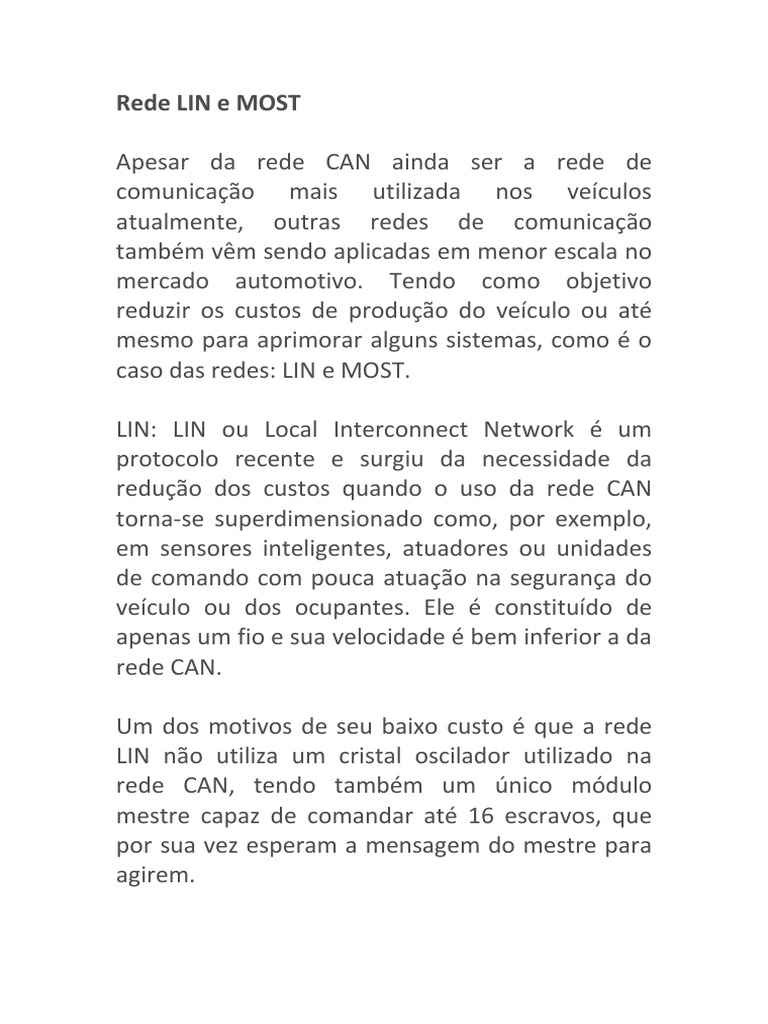 Rede LIN e MOST | PDF | Rede de computadores | Radiação eletromagnética