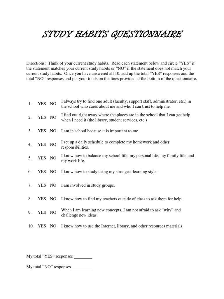 Study Habits Self-Assessment Tool | PDF