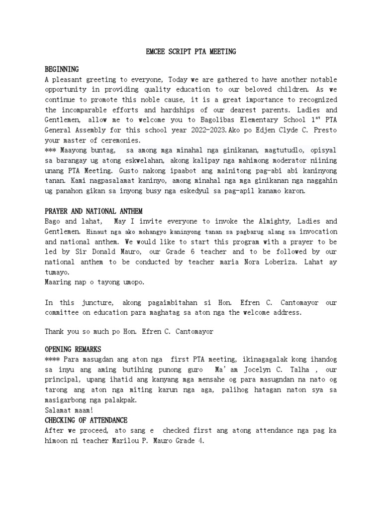 Emcee Script Pta Meeting PDF