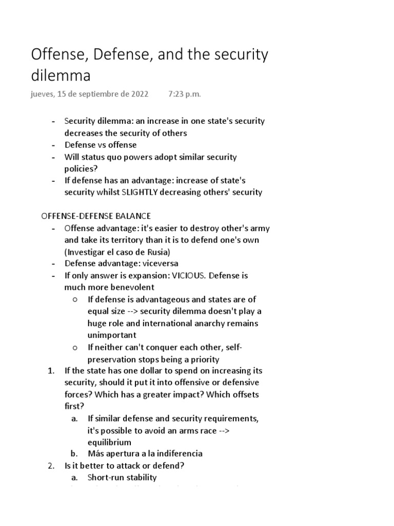 Offense-Defense Theory in Security Dilemma | PDF | Crime & Violence ...