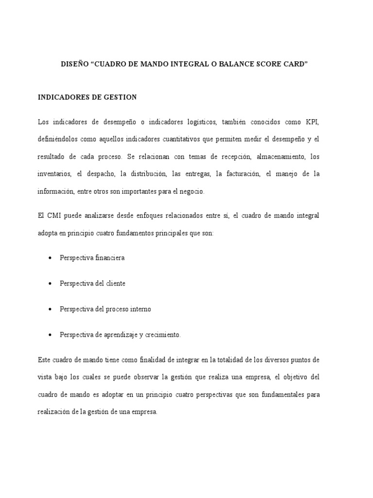 Evidencia 3 Diseño Cuadro de Mando Integral o Balance Score Card | PDF