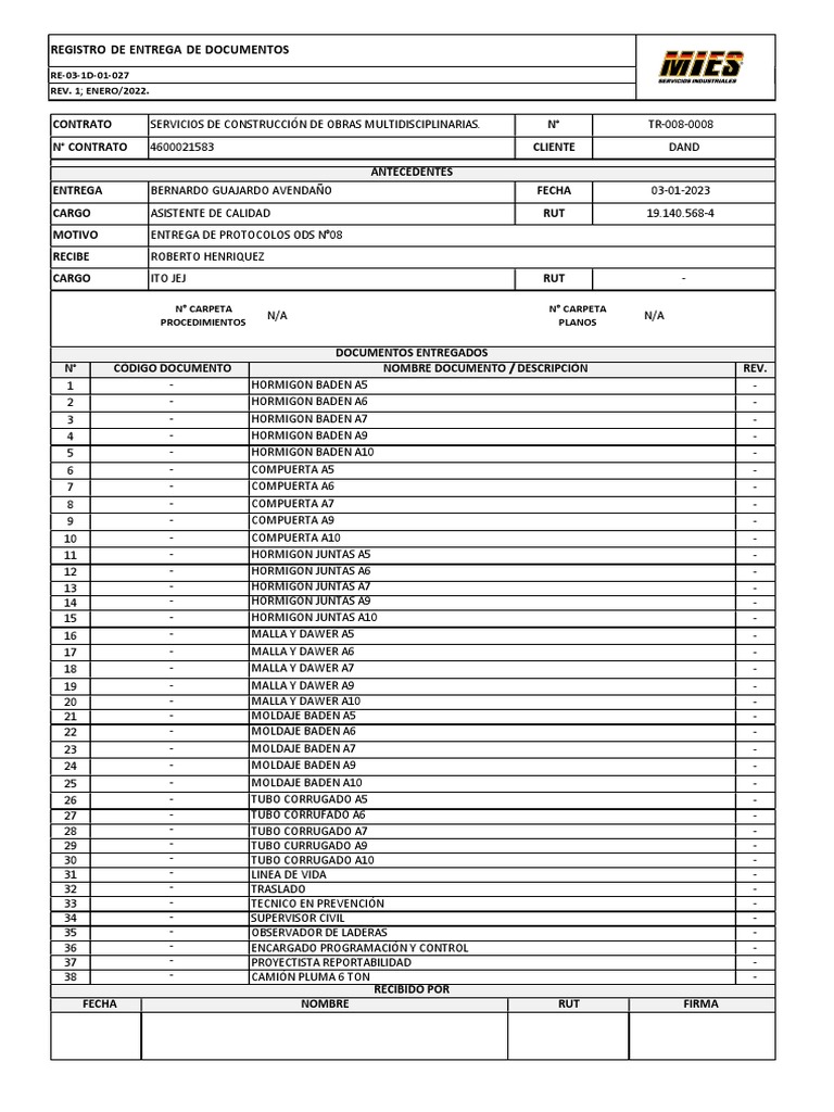Registro de Entrega de Documentos: RE-03-1D-01-027 REV. 1 ENERO/2022 | PDF