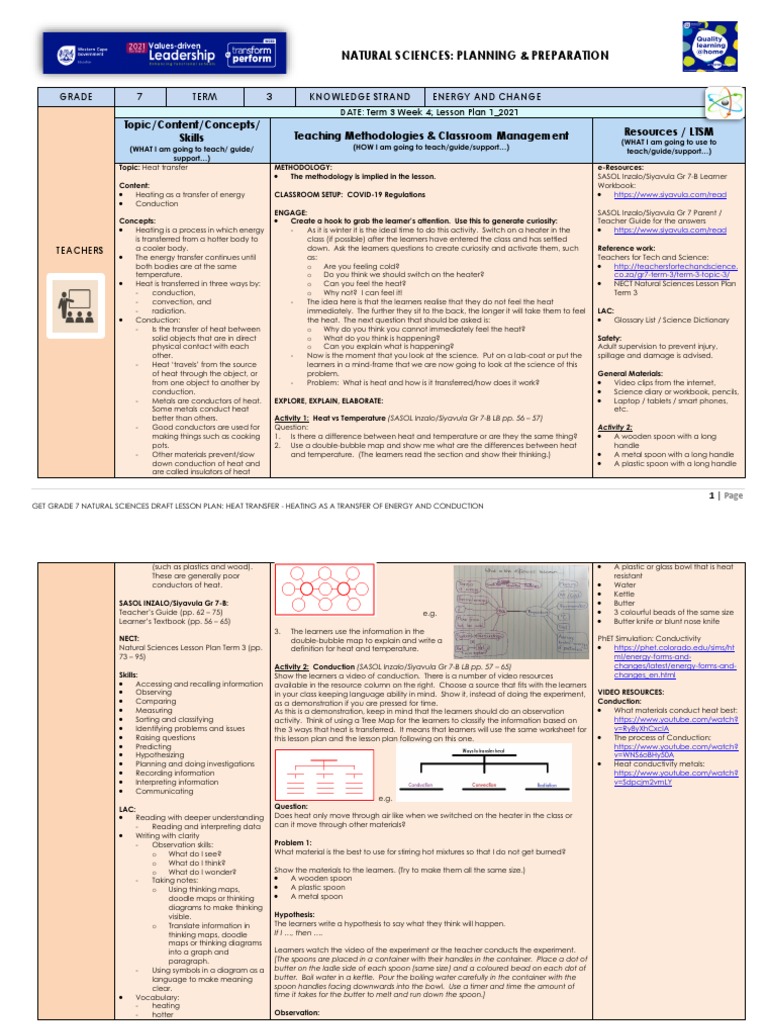 Grade 7 Heat Transfer Lesson Plan | PDF | Heat | Thermal Conduction