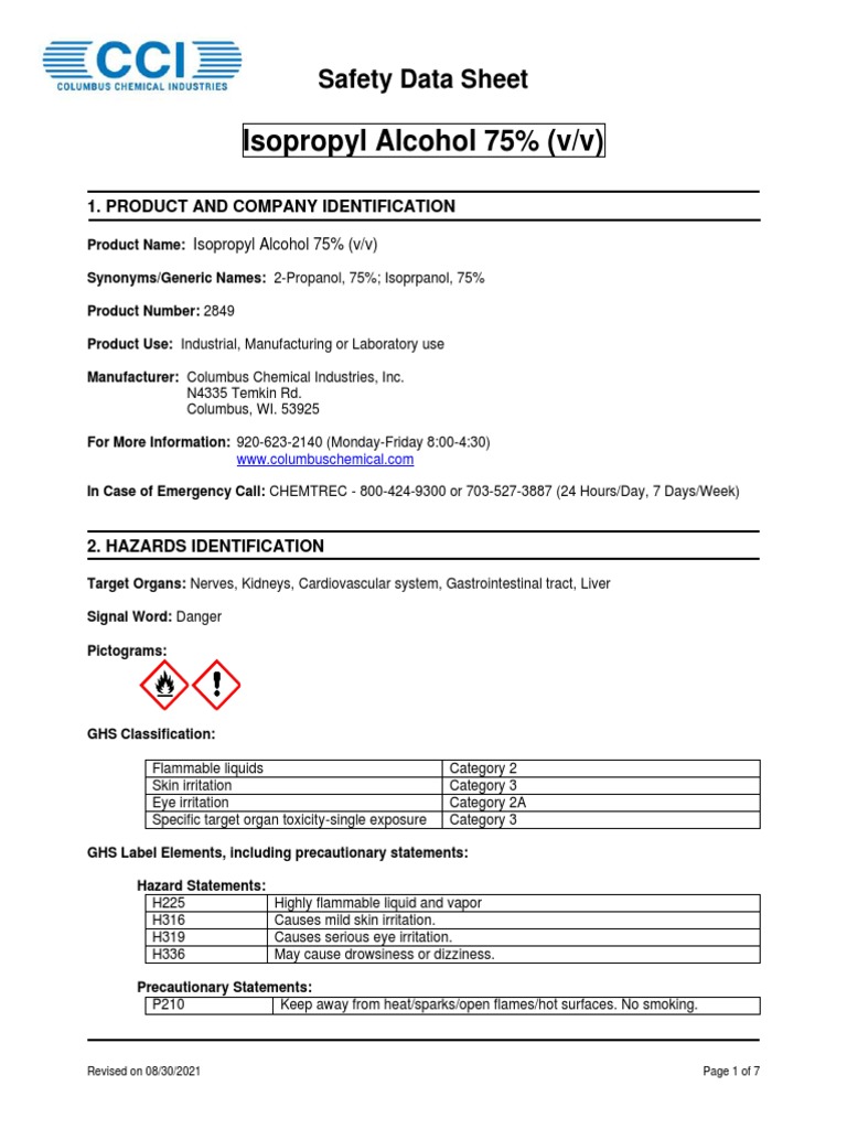 Isopropyl Alcohol 75% Safety Data Sheet | PDF | Firefighting | Chemistry