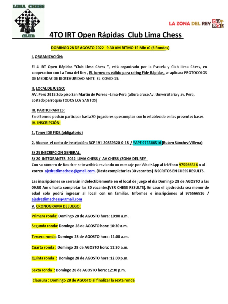 BASES Finales 4 IRT OPEN RAPIDAS CLUB LIMA CHESS PDF Juegos