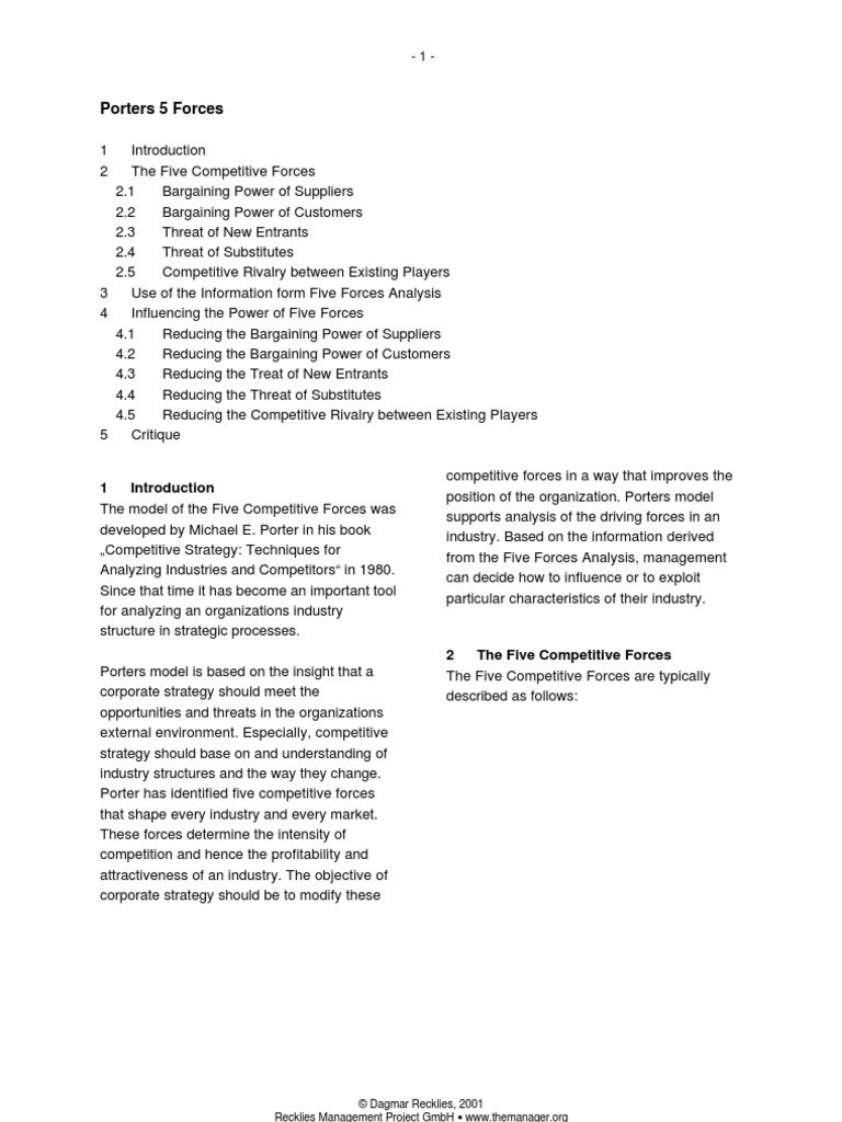The Five Forces by Michael Porter | PDF | Competition | Strategic ...