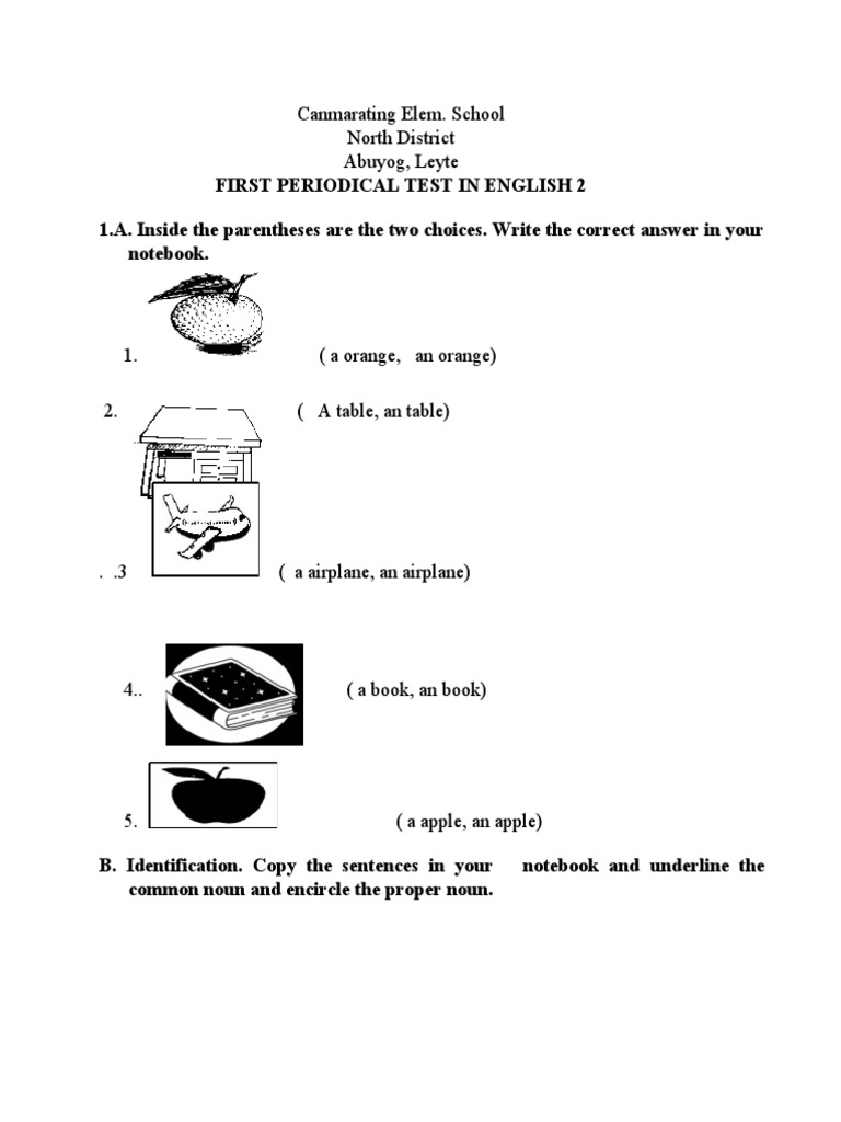 Periodical English Exam Covering Common Nouns, Proper Nouns
