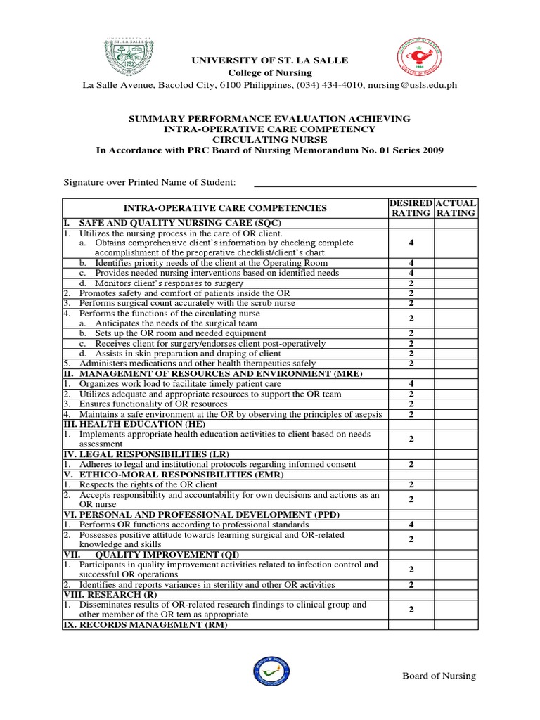 Checklist IntraOperative Competency Circulating 2022 | PDF | Nursing ...